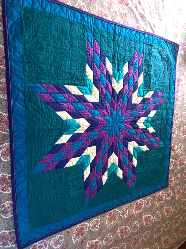 Edredón estrella de 8 puntos acolchado a mano vintage, verde, verde azulado, amarillo, púrpura, 38x38 Foto 4 de 4