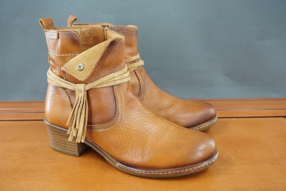 Pikolinos Boots Womens Size 37 Brown Leather Ankle Western Tassel Zip Block Heel - Image 3 of 4
