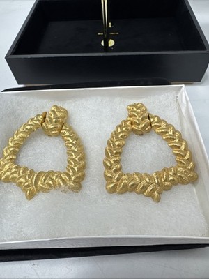 Vintage Givenchy Doorknocker Pierced Earrings Gold Rope Texture 2'' Long