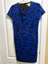 Michael Kors Blue/Black Animal Print Knit Sheath Dress 8 Cap Sleeve Zip