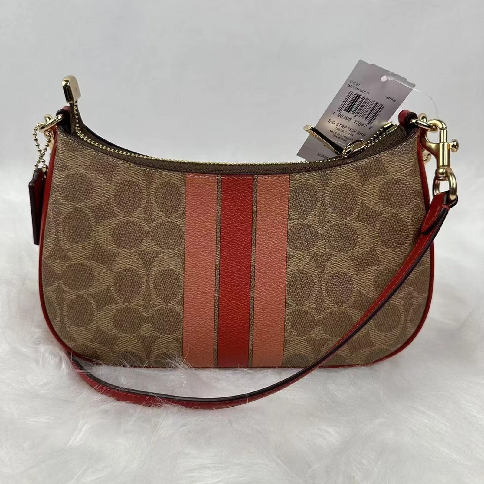 Borsa a tracolla Coach Teri in tela firmata con righe colore marrone multi CAL81 nuova con etichette
