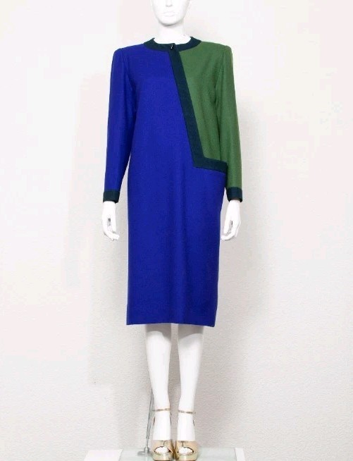 Nina Ricci, Nina Ricci Vintage 80s Wool Size 12 Dress Mod Purple Olive Green