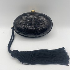 Vintage Italian Alligator Minaudi re Clutch Purse Black Gold Tassel