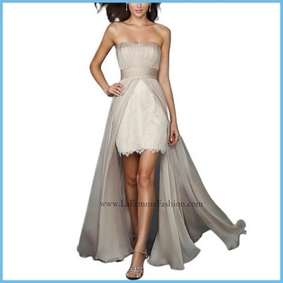 La Femme Chiffon Lace Strapless Nude Champagne Cream Dress Gown Sz 0