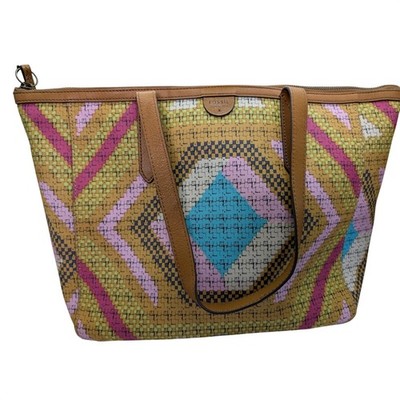 Fossil Woven Tote Bag Geometric Pattern Leather Trim Zipper Top Beach Travel