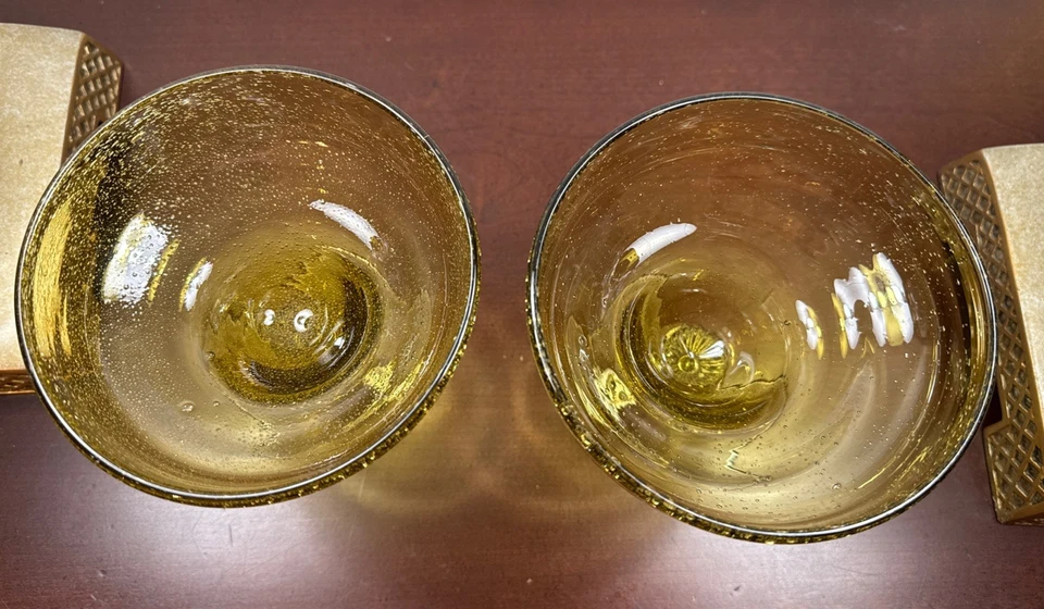 2-VTG ARTLAND Hand Blown MARGARITA GLASS Amber Seeded Bubble Bowl Heavy Cut Stem - Image 4 of 4