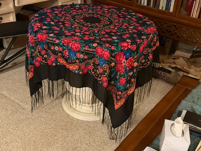 Scarf Multi Floral Print on Black w Fringe ~ 100%  Polyester Japan ~72 inches Sq