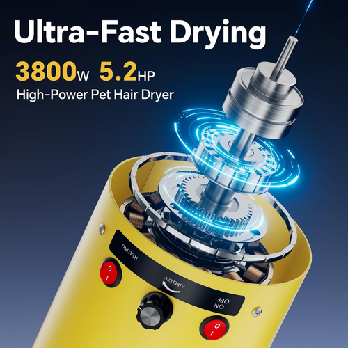 High Velocity Dog Dryer 5.2HP, Adjustable Speed & Temp, 4 Nozzles, Yellow - Picture 2 of 9