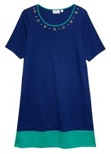 Quacker Factory QVC Blue with Green Trim Pullover Short Sleeve Dress, size L