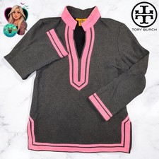 Tory Burch Women's Large Gray Pink Trim Tunic Top Shirt Jersey Sweater Warm Cozy