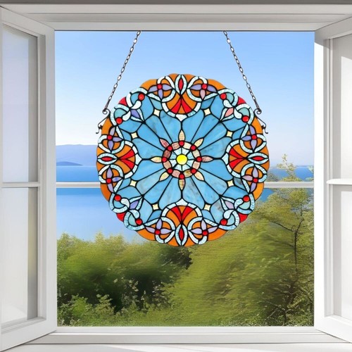 Victorian Stained Glass Window Panel Suncatcher 20in Round Shades of Hues of Blu - Picture 2 of 4