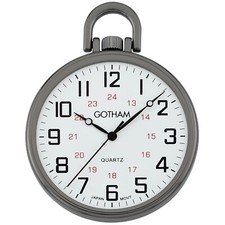 Gotham Men's Gun Metal Thin Railroad Open Face Quartz Pocket Watch with Chain