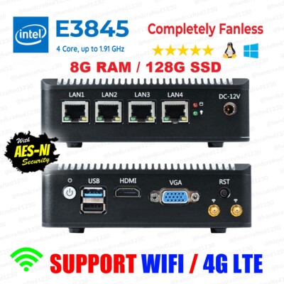 Fanless Mini PC Intel Atom  E3845 4 LAN 8G RAM/128G SSD pfSense Firewall AES-NI 