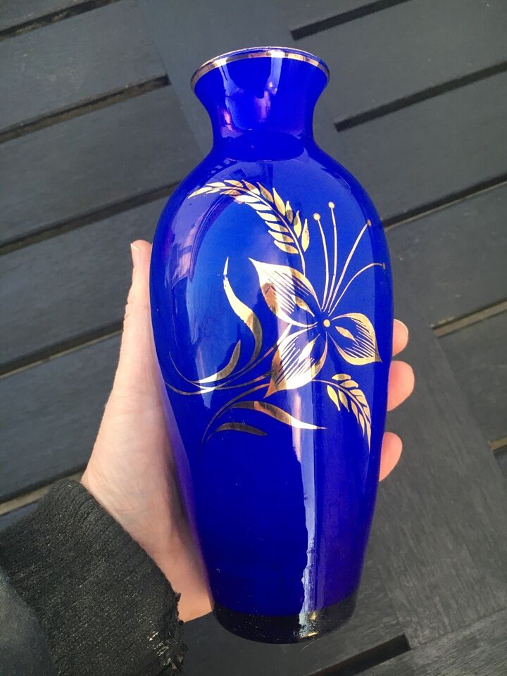 Glas, Vase, mørkeblå/guld/hvid opaline