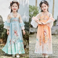 Children Girl Long Dress Chinese Classical Embroidery Chiffon Swing Princess