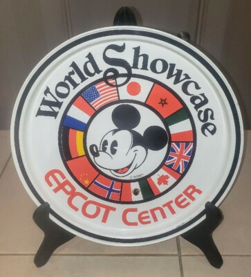 Vintage World Showcase Epcot Center Mickey Mouse Tin White Disney Tray 11'' VNC