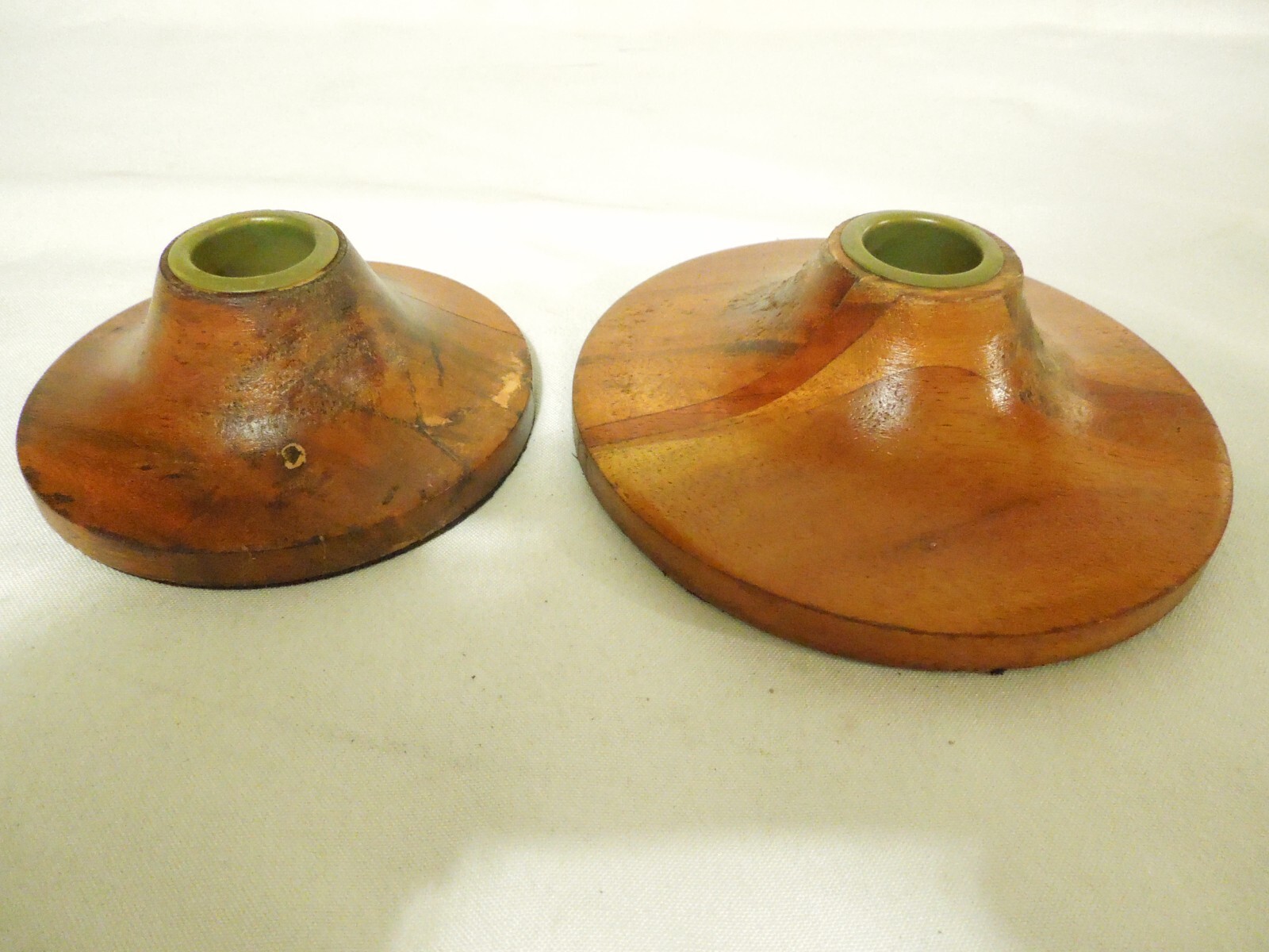 Vintage Taper Candle Holders Set of 2 Wood with Brass Inserts 5" & 4" Diameters