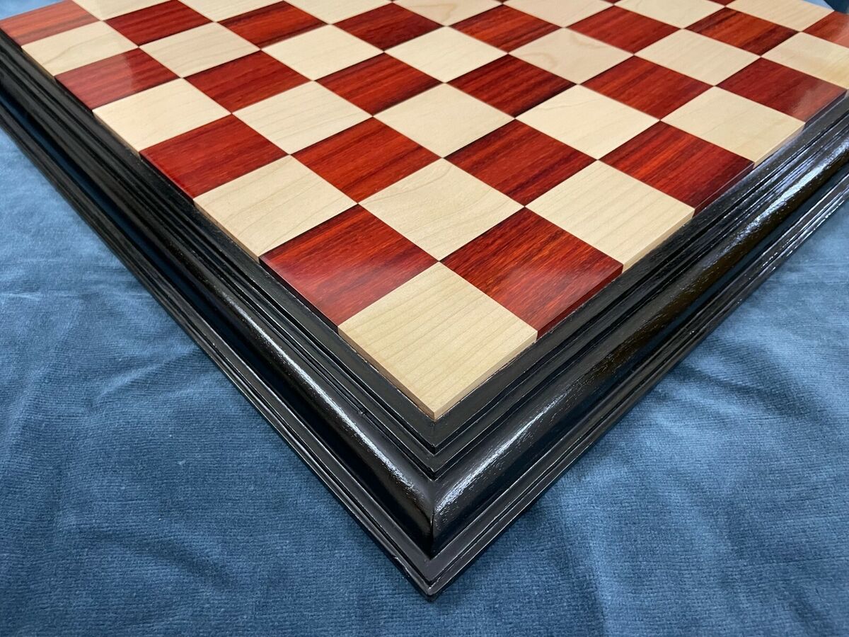 21 Chess Board Bud Rose wood & Maple - STEP BLACK BORDER Hand Carved SQ:  55MM