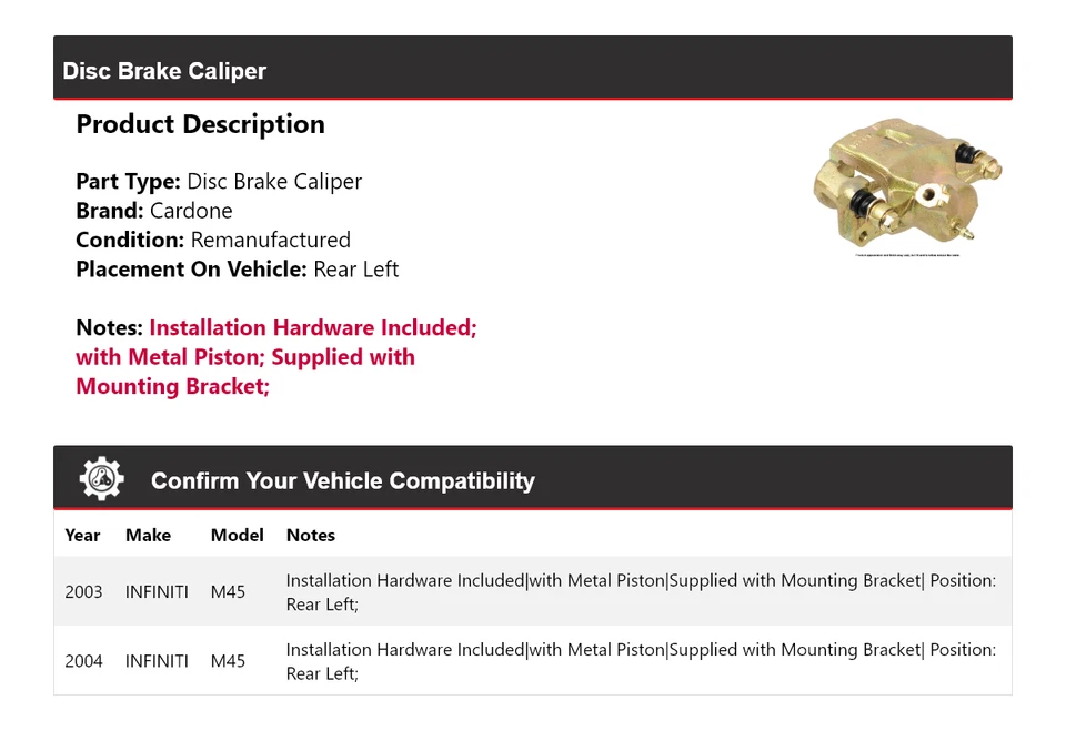 For 2003-2004 INFINITI M45 Disc Brake Caliper Rear Left Cardone - Image 2 of 4
