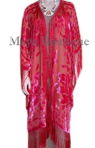 Coral Kimono Fringe Jacket Opera Coat Silk Burnout Velvet Maya Matazaro - Picture 6 of 6