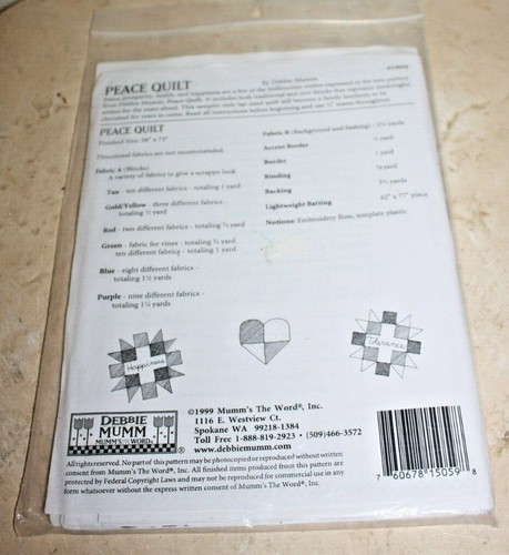DEBBIE MUMM 15059 PEACE QUILT 2000 PATTERN-58 X 73 for Peace, Prosperity, Health - Picture 3 of 3
