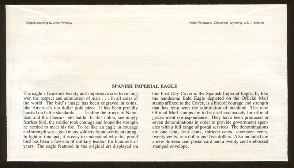 1983 Washington Official Mail Spanish Imperial Eagle John Swatsley Painted Cover - Image 2 of 2