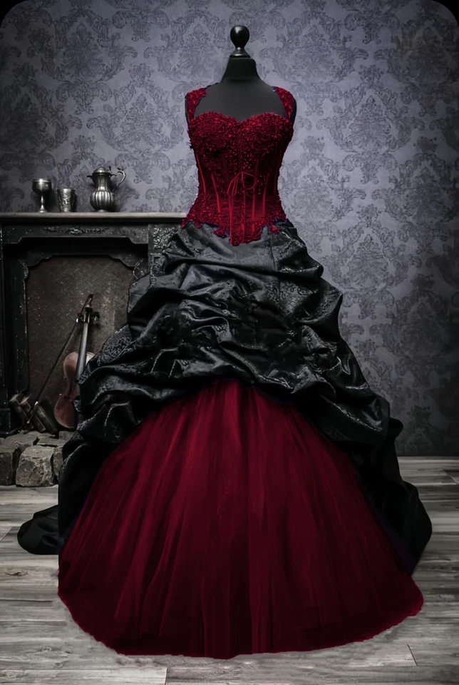 Vintage Gothic Wedding Dresses Victorian Black Jacquard Taffeta 1960s Ball Gowns - Image 3 of 4