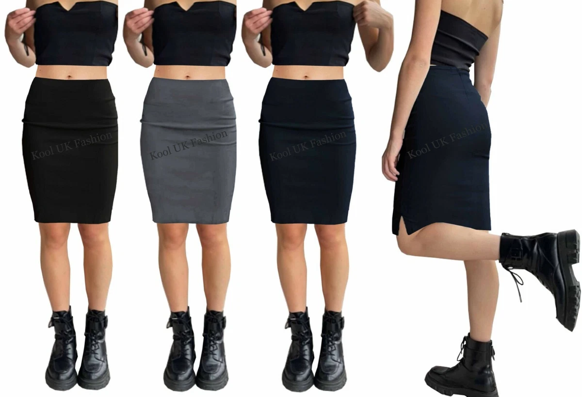 Girls School Pencil Skirt Ladies Office Work Bodycon Stretch Midi Black Grey