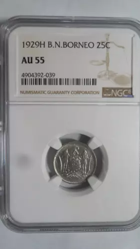 British North Borneo Malaysia 25 Cents, 1929 H, NGC AU 55