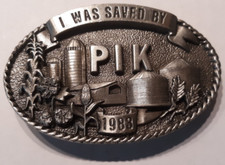 belt buckle oval I was saved by PIK 1983 farm commodities gray 3.25"