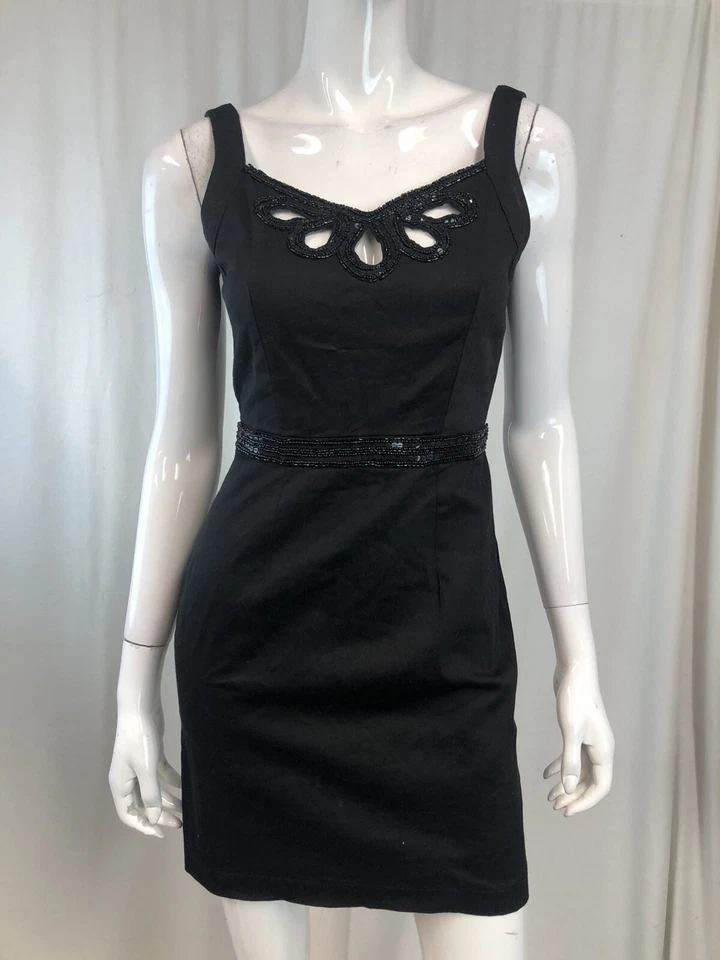 Yumi 2 4 Black Sequin Beaded Cotton Stretch Cut Out Sheath Vintage Mini Dress - Image 4 of 4