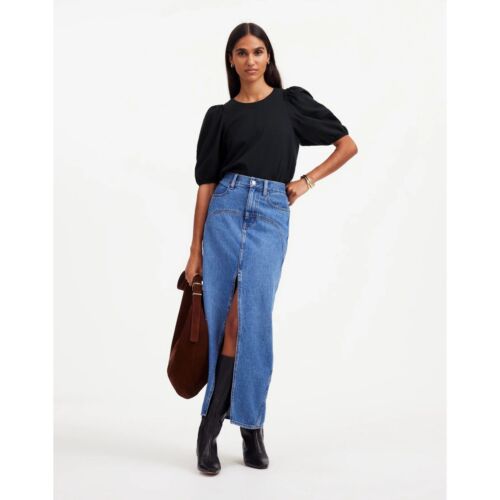Madewell Puff Sleeve Top Blouse Black Short Sleeve Crew Neck Womens Size XS