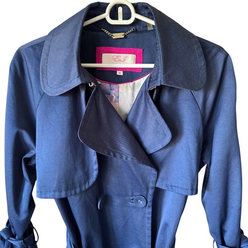 Eliza J Md Navy Blue Trench Rain Coat Jacket Floral Lined 3/4 Sleeves Tie Cuffs - Picture 5 of 14