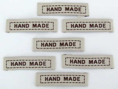 Sewing Labels ''Hand Made'' Fabric Tags Cream or Gray with Brown Lettering Lot 100