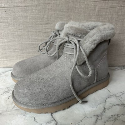 New UGG Gray Suede Classic Mini Posy Laced Ankle Boots Women s Size 7 No Box