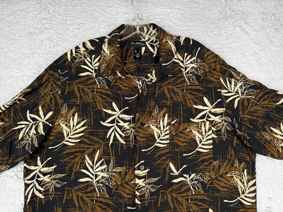 Axcess Shirt Mens Extra Large Black Brown Floral Leaf Hawaiian Button Up Rayon - Image 4 of 4