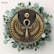 Vintage Egyptian Winged Horus Eye & Ankh Cross Tin Metal Signs 8x8" - Golden