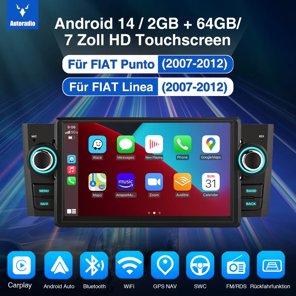 Für Fiat Linea Punto 07-12 Autoradio Carplay Android 14 GPS NAVI WIFI BT 4+64GB - Bild 2 von 4