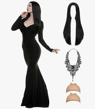 Adult Black Dress Goth Costume Women L Party Wig Necklace Vampire Witch  