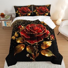 Gold Red Rose Comforter Set Twin Size,Golden Glitter Butterfly Pattern Beddin...