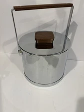 Vintage Chrome Ice Bucket Atapco USA Made MCM  Teak Finial Danish Modern Mad Men