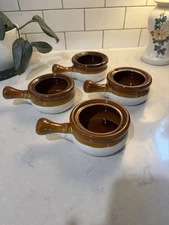 4 Vintage Tuxton Brown and Yellow Chili French Onion Soup Stoneware Bowls handle
