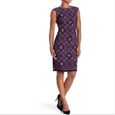 Vince Camuto Dress Women's 6 Black/Purple/Pink Floral Short Cap Sleeve Sheath