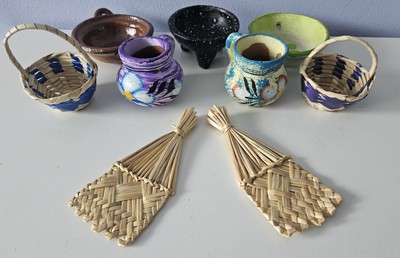 9-Piece Mini Decor Clay Pottery & Straw ''Kitchen Essentials'' Handmade Mexico NEW