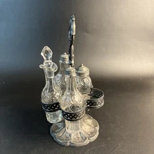 Antique Cruet Set 4 Etched Glass Condiment Bottles Ornate Silver Plate Caddy 12"