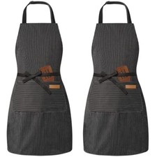2 Pack Adjustable Bib Apron with 2 Pockets Chef Cooking Kitchen Black Pinstripe