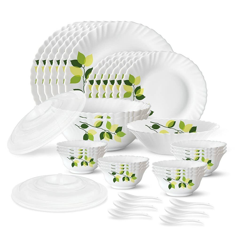 Borosil Green Leaves Silk Series Opalware Dinner Set 35 Pieces - Main Image