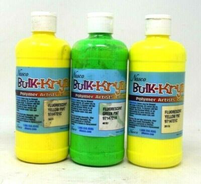 2 Yellow & 1 Green Nasco Bulk-Krylic Polymer Artists' Colors Fluorescent Paint  
