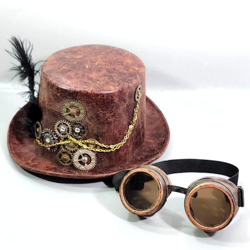Steampunk Top Hat Brown Faux Leather Feather Goggles 8"x6.5" Band Adult Cosplay