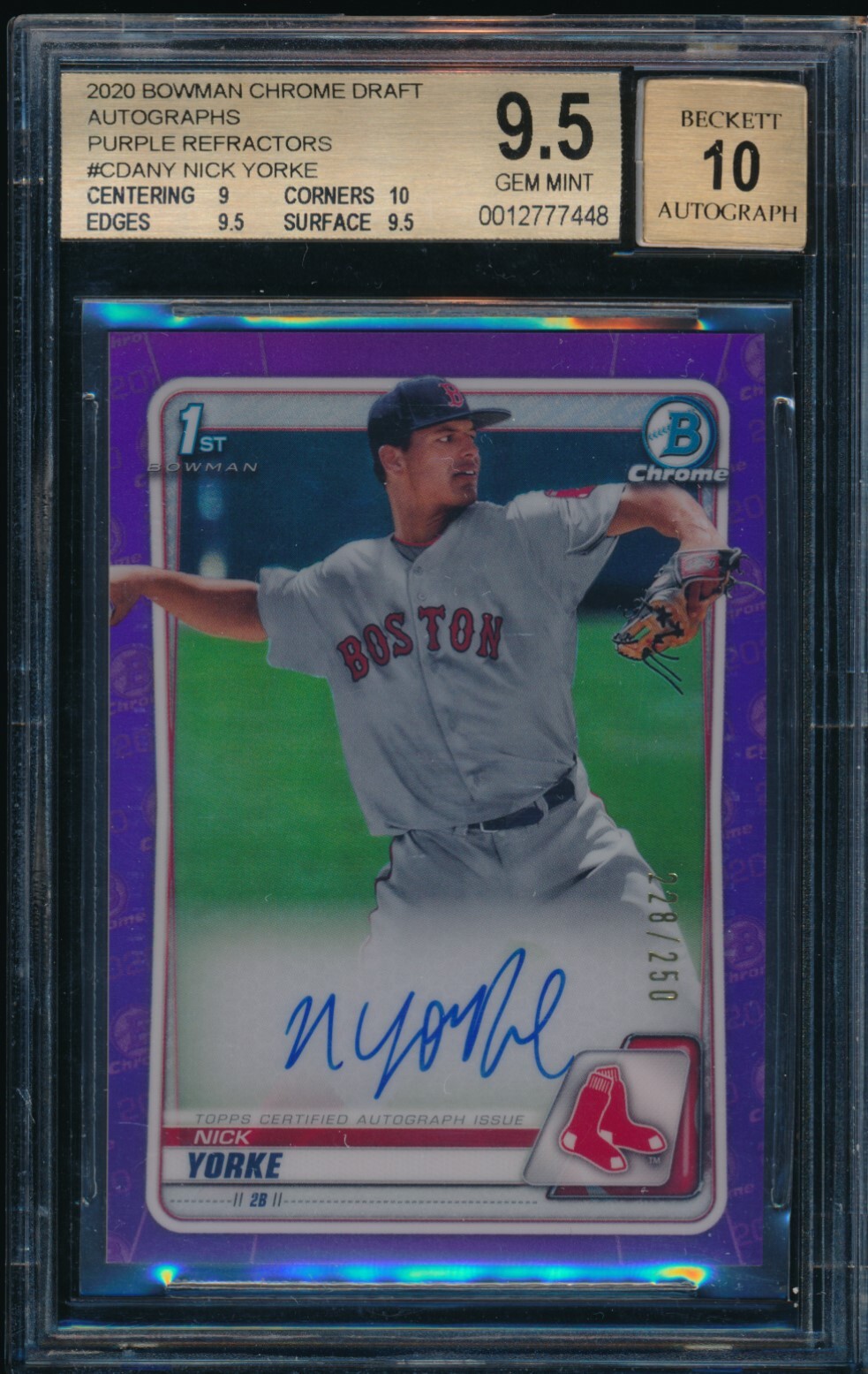 BGS 9.5/10 NICK YORKE AUTO 2020 Bowman Chrome PURPLE REFRACTOR #/250 RC GEM MINT